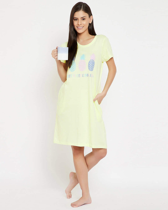 Shop Pineapple & Text Print Short Night Dress In Light Yellow   100% Cotton-Front