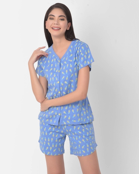Shop Pineapple Print Button Me Up Top And Shorts Set In Powder Blue   Pure Cotton-Front