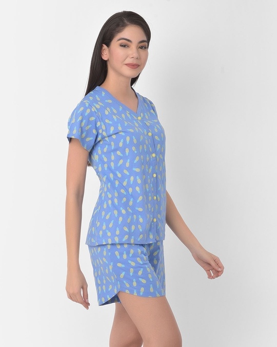 Shop Pineapple Print Button Me Up Top And Shorts Set In Powder Blue   Pure Cotton-Design