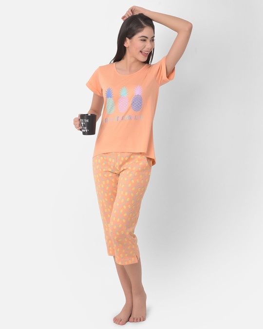Shop Pineapple Print Top And Capri Set In Peach   Cotton Rich-Front