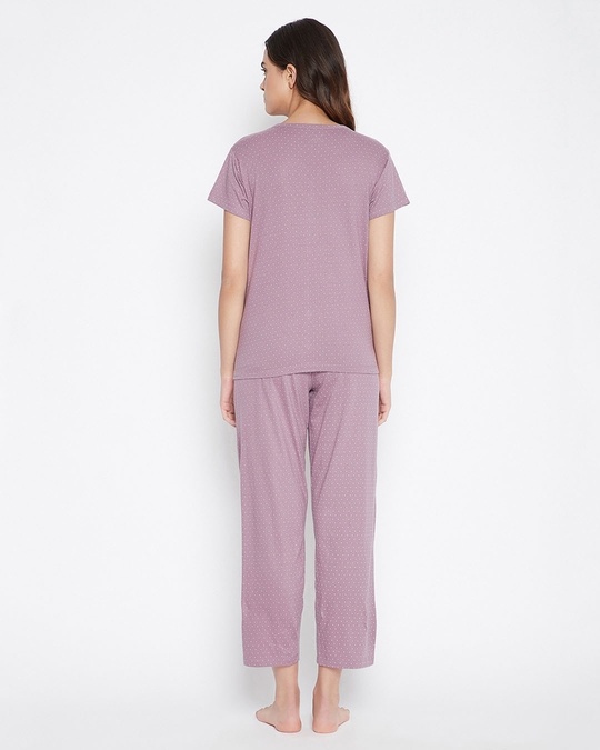 Shop Polka Print Button Me Up Top And Pyjama Set In Mauve   Pure Cotton-Back