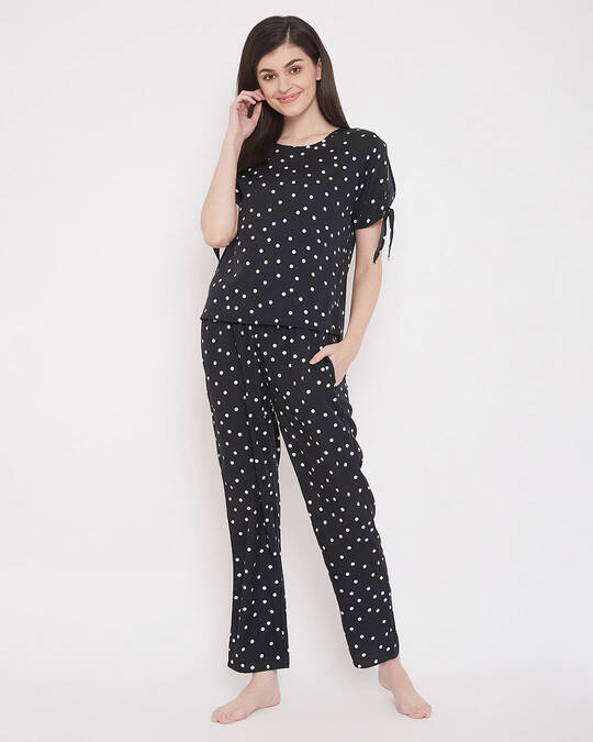 Shop Polka Print Top & Pyjama Set In Black   Crepe-Front