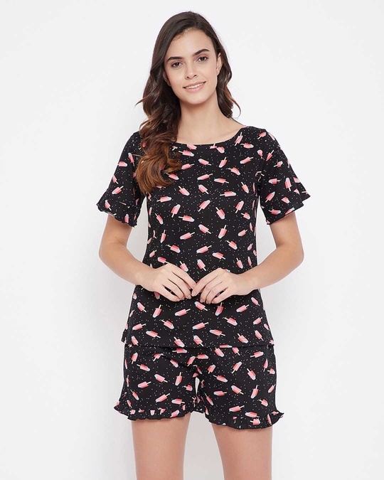 Shop Popsicle Print Top And Shorts Set In Black   Pure Cotton-Front