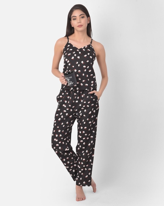 Shop Pretty Florals Cami Top And Pyjama Set In Black   Crepe-Front
