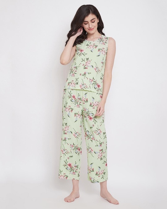 Shop Pretty Florals Top And Pyjama In Light Green  Crepe-Front