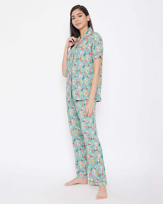 Shop Print Me Pretty Button Me Up Shirt & Pyjama Set In Cyan   Crepe-Back