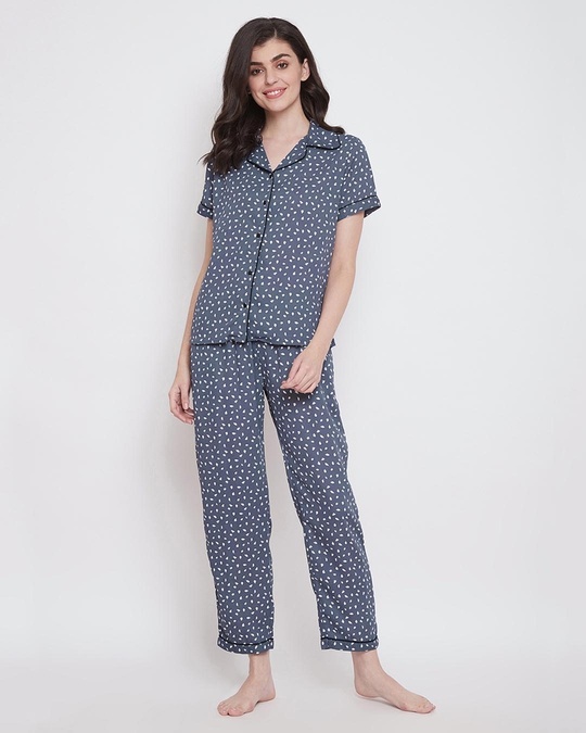 Shop Print Me Pretty Button Me Up Shirt And Pyjama In Slate Grey   Crepe-Front