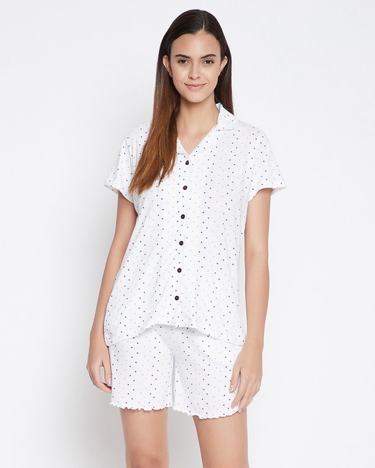 Shop Print Me Pretty Button Me Up Shirt And Shorts Set In White   Pure Cotton-Front