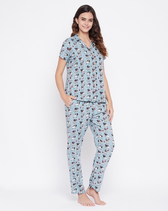 Shop Print Me Pretty Button Me Up Sleep Shirt And Pyjama Set In Light Blue   Crepe-Front