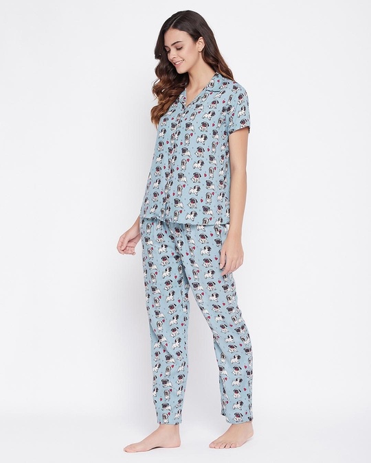 Shop Print Me Pretty Button Me Up Sleep Shirt And Pyjama Set In Light Blue   Crepe-Design
