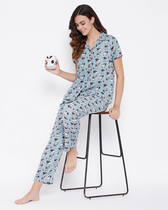 Shop Print Me Pretty Button Me Up Sleep Shirt And Pyjama Set In Light Blue   Crepe