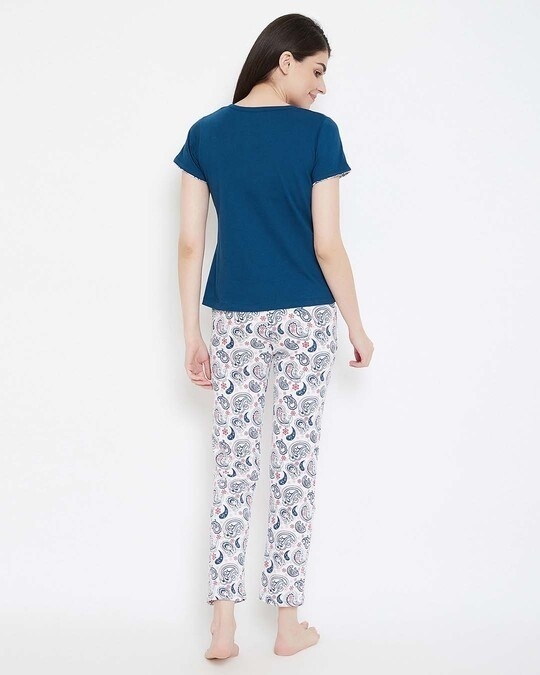 Shop Print Me Pretty Top & Pyjama Set In Blue & White  100% Cotton-Full
