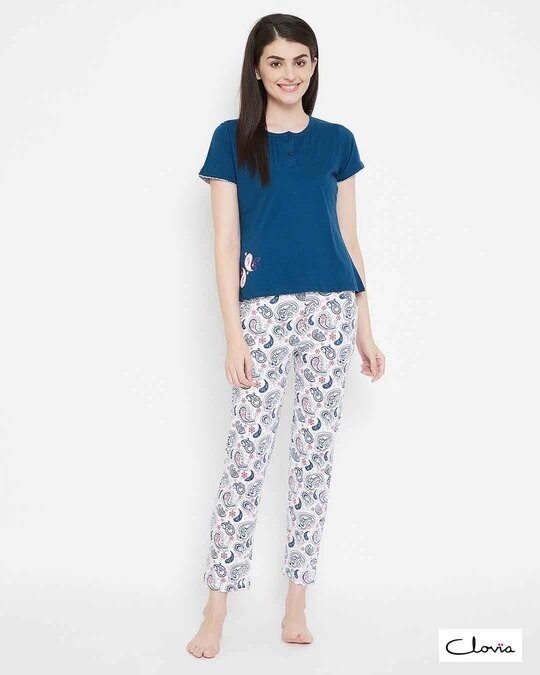 Shop Print Me Pretty Top & Pyjama Set In Blue & White  100% Cotton-Front