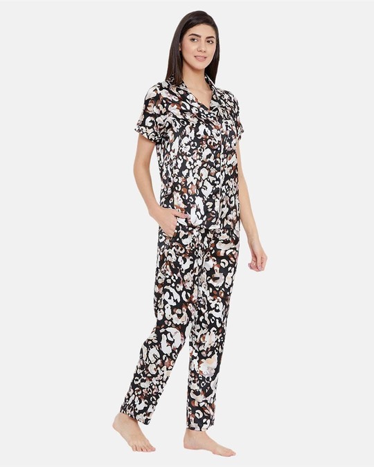 Shop Printed Button Down Shirt & Pyjama Set In Black   Satin-Design