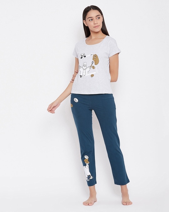 Shop Printed Top And Pyjama Set In Grey And Blue  Cotton Rich-Front