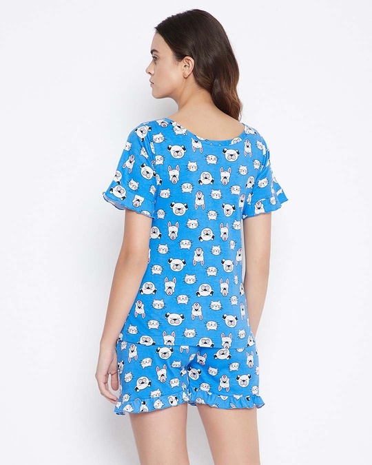 Shop Puppy Print Top And Shorts Set In Blue   Pure Cotton-Back