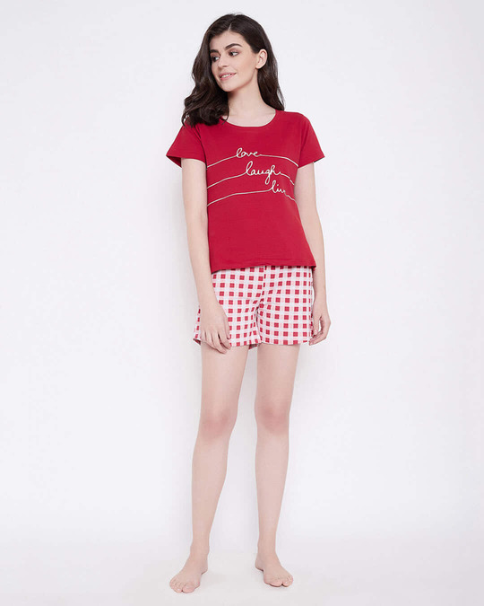 Shop Quirky Text Top & Checkered Shorts Set In Red & White