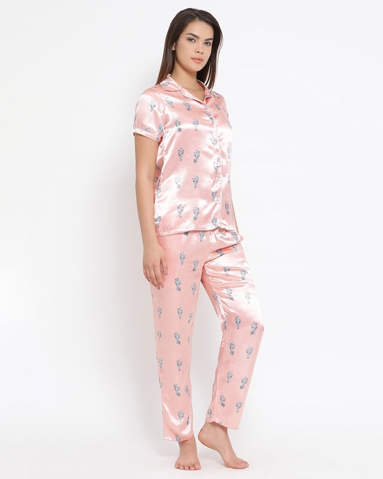 Shop Satin Printed Button Down Shirt & Pyjama-Back