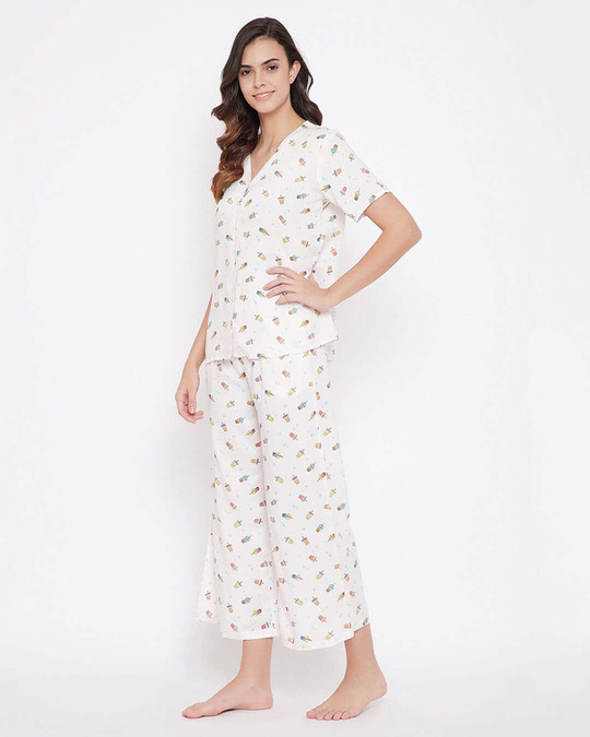 Shop Sipper Print Button Me Up Top & Pyjama In White   Cotton Rich-Back