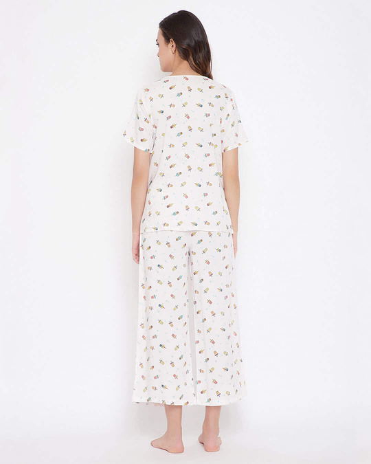 Shop Sipper Print Button Me Up Top & Pyjama In White   Cotton Rich-Design