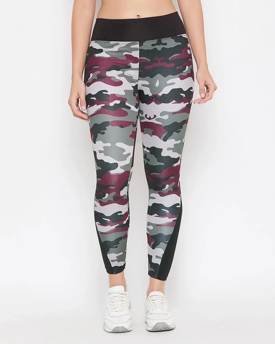 Shop Snug Fit Active Camouflage Print Ankle Length Tights In Multicolour-Front