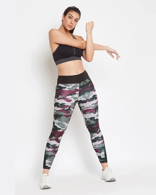 Shop Snug Fit Active Camouflage Print Ankle Length Tights In Multicolour-Full