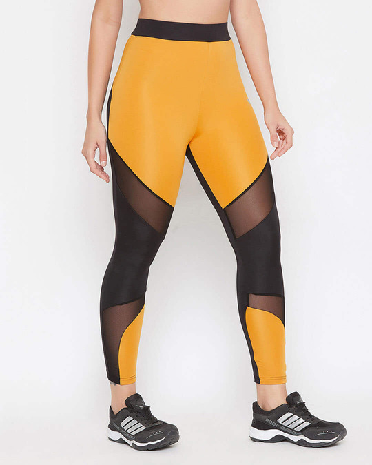 Shop Women's Snug Fit Active Colourblock Ankle Length Tights In Mustard-Design