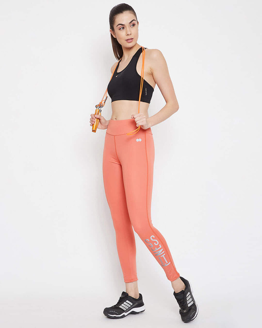 Shop Women's Snug Fit Active Text Print Ankle Length Tights In Coral Orange-Full