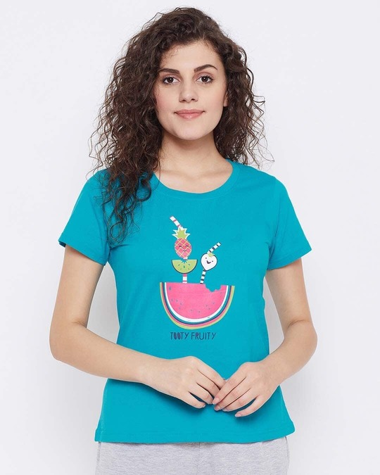 Shop Tooty Fruity Top In Teal Green 100% Cotton-Front