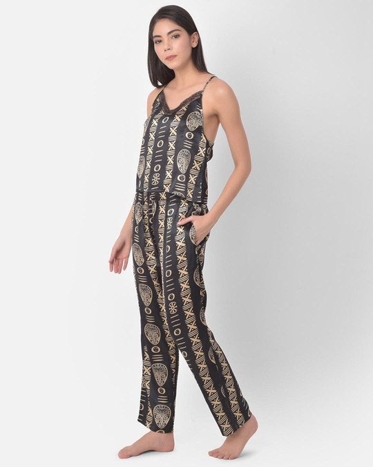 Shop Tribal Print Cami Top And Pyjama In Black   Satin-Design