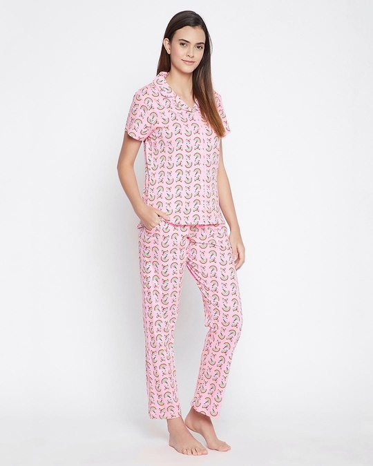 Shop Unicorn Print Button Me Up Shirt And Pyjama In Baby Pink  Pure Cotton-Design