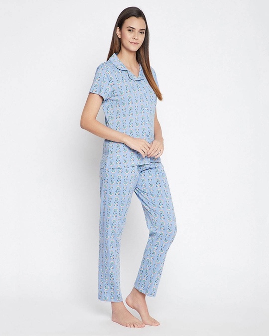 Shop Unicorn Print Button Me Up Shirt And Pyjama In Powder Blue   Pure Cotton-Design