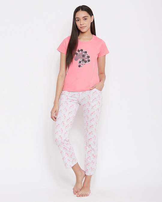 Shop Unicorn Top & Pyjama Set In Coral Pink  Cotton-Front