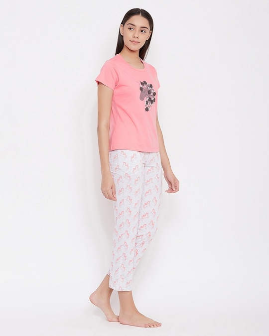 Shop Unicorn Top & Pyjama Set In Coral Pink  Cotton-Design