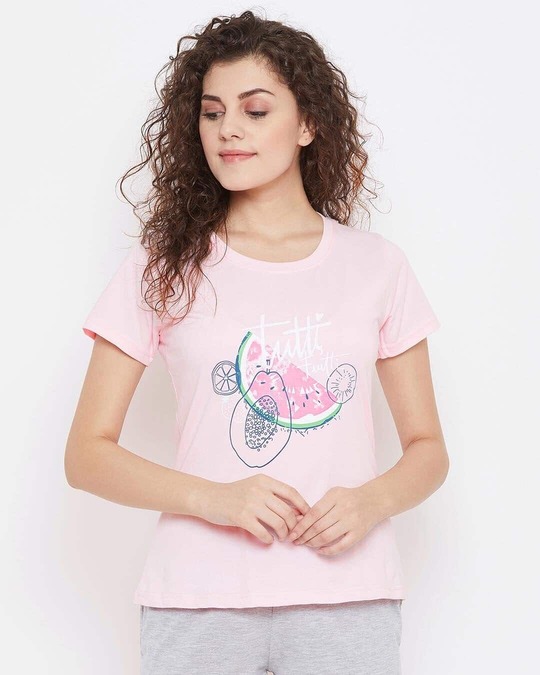 Shop Watermelon Print Top In Baby Pink 100% Cotton-Front
