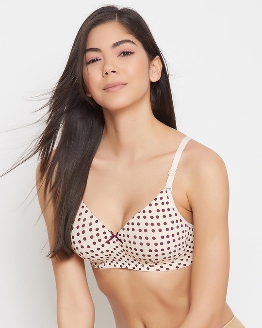 Shop Padded Non Wired Full Cup Polka Print Muliway T-Shirt Bra In Beige-Front