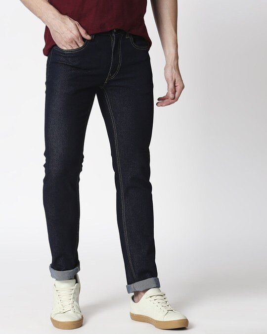 Cobalt Blue Denim Pants Mid Rise Stretchable Men's Jeans