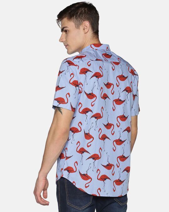Shop Men Short Sleeve Cotton Printed Brown Flamingo Bird Blue Grey Shirt-Design
