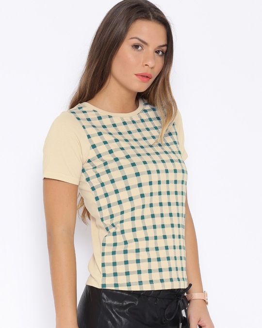 Shop Women's Beige Checkered Regular Fit T-shirt-Full