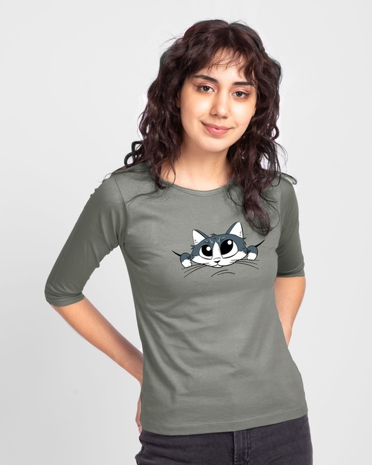 Shop Cute Peeking Cat Round Neck 3/4 Sleeve T-Shirt Meteor Grey-Front