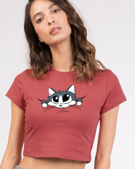 Shop Cute Peeking Cat Round Neck Crop Top T-Shirt-Front