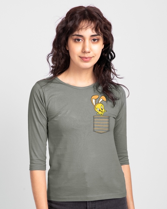 Shop Cute Tweety Pocket 3/4 Sleeve Slim Fit T-Shirts (LTL)-Front