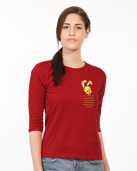 Shop Cute Tweety Pocket Round Neck 3/4 Sleeve T-Shirt (LTL) Bold Red-Back