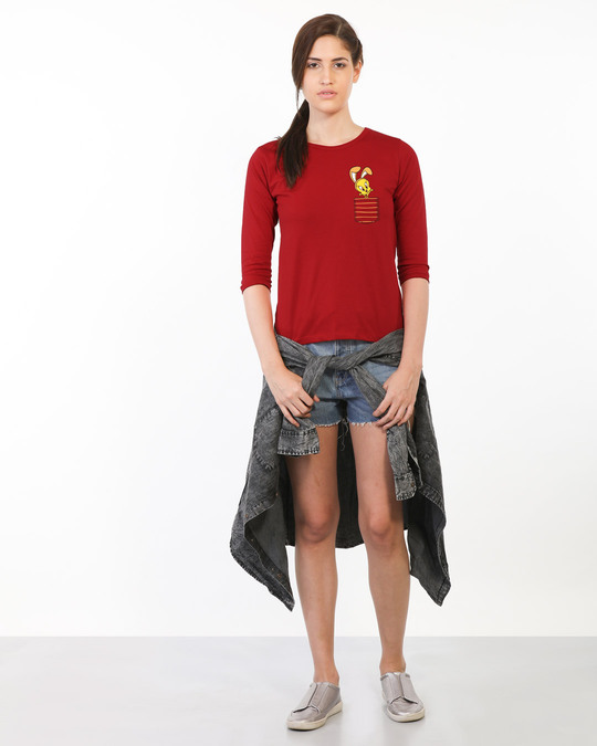 Shop Cute Tweety Pocket Round Neck 3/4 Sleeve T-Shirt (LTL) Bold Red-Full