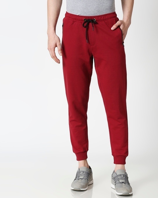 Dark Maroon Men's Casual Jogger Pants With Zipper NR Plain