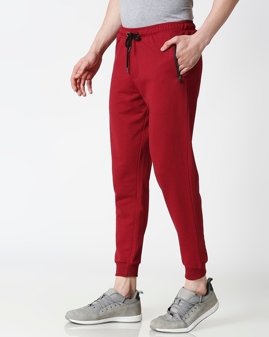 Dark Maroon Men's Casual Jogger Pants With Zipper NR Plain