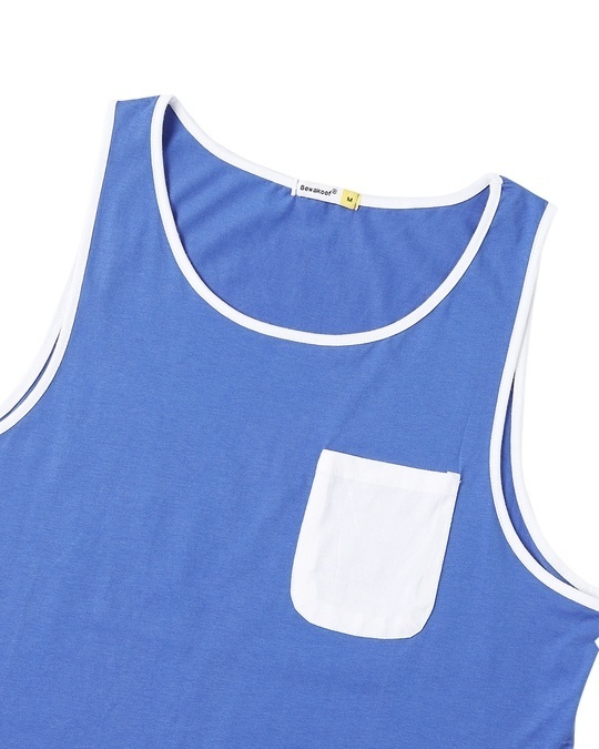 Shop Dazzling Blue-White Round Neck Contrast Binding Pocket Vest