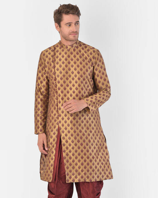 Shop Dupion Silk Brown Knee Length Full Sleeve Regular Fit Printed Ethnic Wear For Men-Front