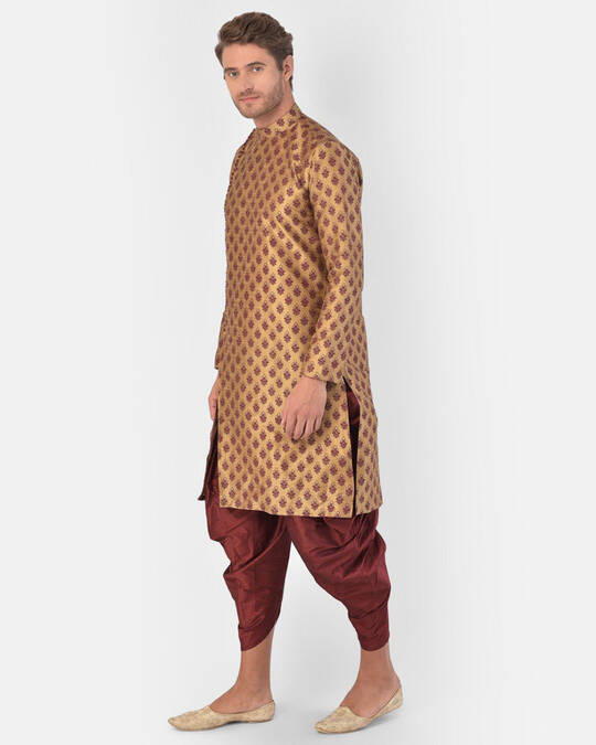 Shop Dupion Silk Brown Knee Length Full Sleeve Regular Fit Printed Ethnic Wear For Men-Full