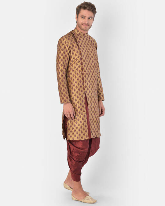 Shop Dupion Silk Brown Knee Length Full Sleeve Regular Fit Printed Ethnic Wear For Men